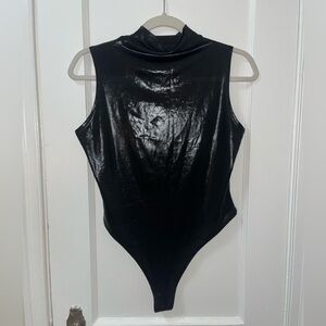 Black Shiny Mock Neck Lightweight Metallic Sleeveless Bodysuit